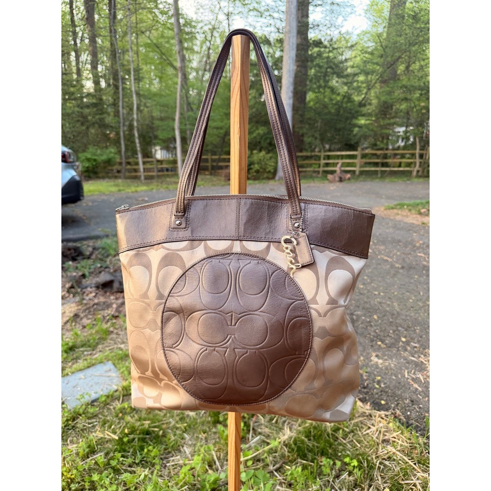 Coach Signature Optic Metallic Bronze Leather Medallion Tote Bag 15667 Khaki - Picture 8 of 10